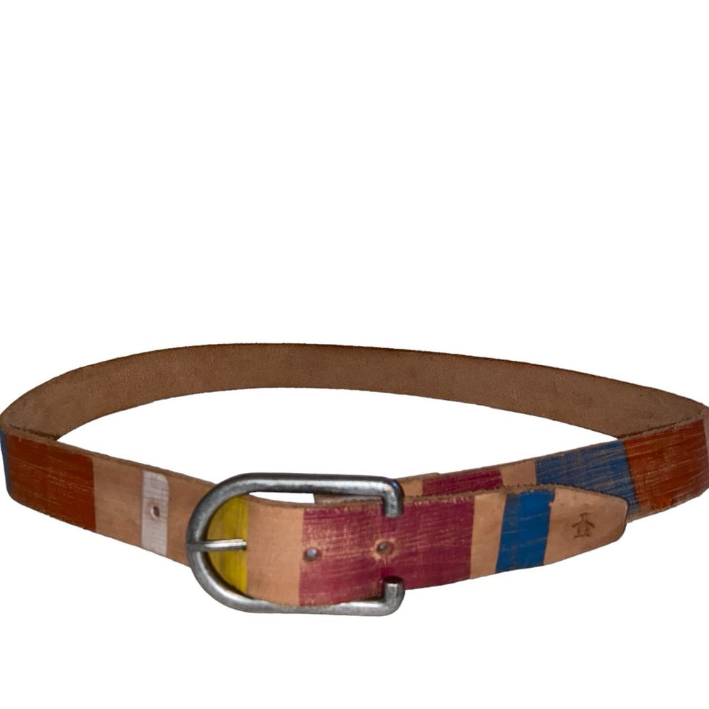 Genuine Leather Belt Made in India Multicolor Striped Silvertone Buckle 34-37โ